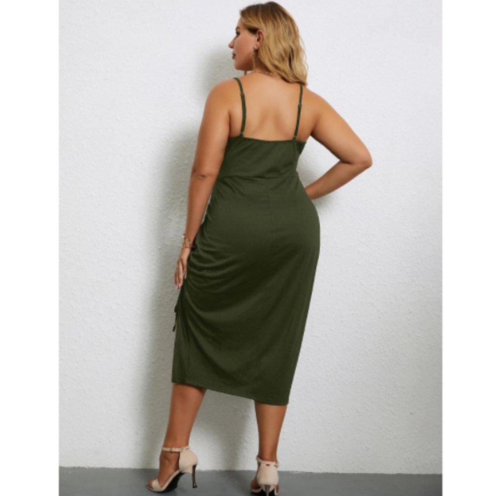 Plus Drawstring Front Split Thigh Cami Dress Army… - image 4